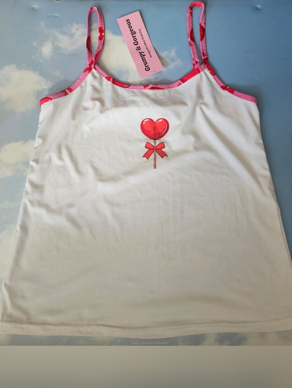 White Cami Tank with Pink Heart Lollipop Graphic